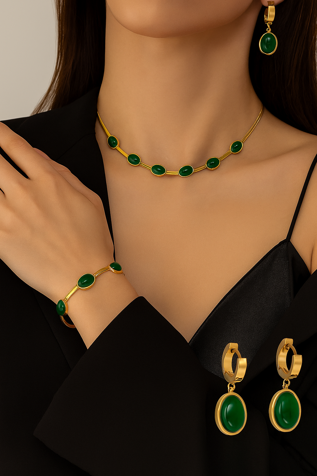 Oval Green Crystal Pendant Necklace Set With Bracelet