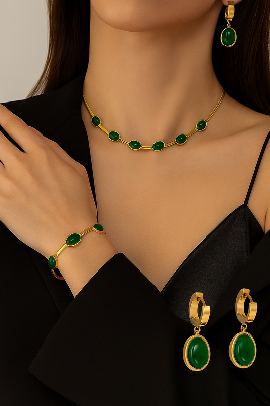 Oval Green Crystal Pendant Necklace Set With Bracelet